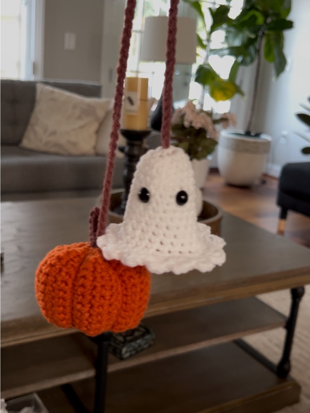 Handmade Crochet Halloween Ghost and Pumpkin Hanging Decor - White & Orange